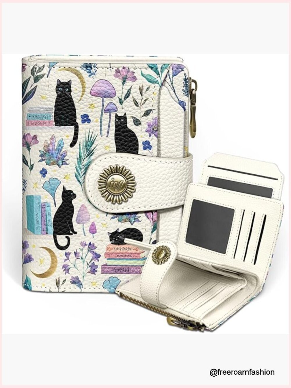 RFID Blocking Bifold Wallet with Cat Design, 14 Card Slots, Zipper Coin Pocket,